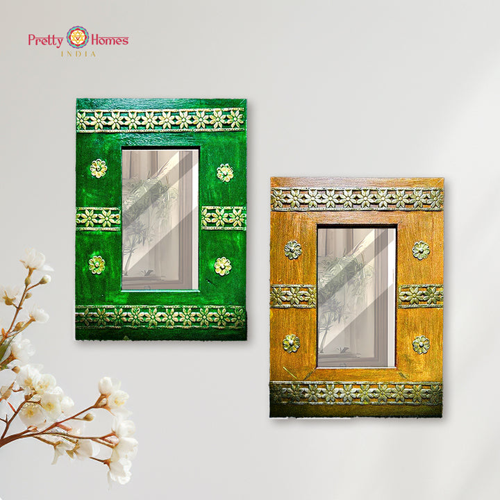 handcrafted brass inlay mirror pair with wooden frame for wall decor