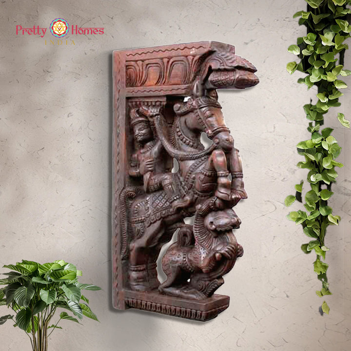 Front view of wooden horse yali wall bracket showing antique-style carvings and floral designs