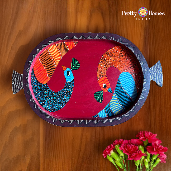 Hand-painted oval wooden tray with two stylized birds on deep red base with size markings
