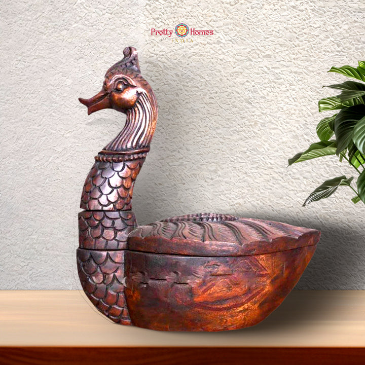 Handmade peacock-themed wooden box for tabletop and decor use