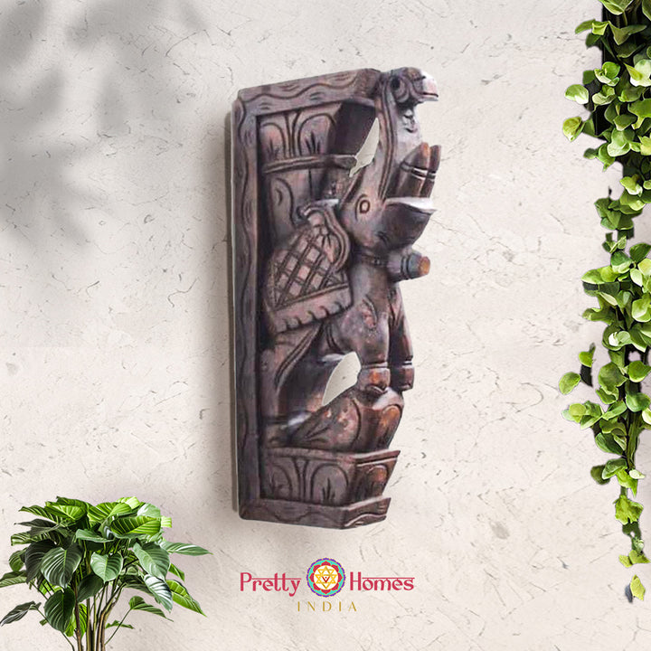 Dark finish carved wooden elephant corbel wall bracket with ornate detailing for traditional decor
