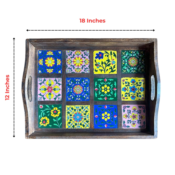 hand-painted wooden serving tray with 12 decorative tile panels and side handles.