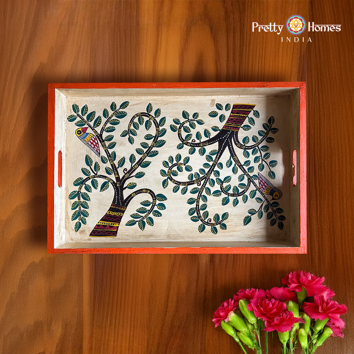 Hand-painted wooden tray with folk tree-of-life design featuring birds and leaves