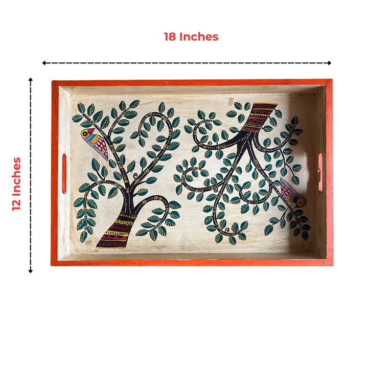 Wooden serving tray with hand-painted Madhubani-style tree and birds, shown with 18×12 inch size markers