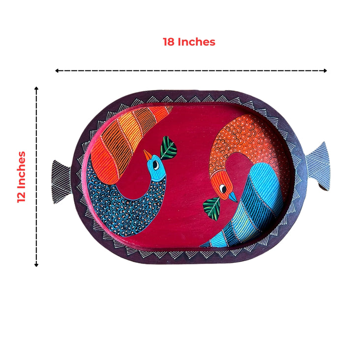 Handcrafted oval tray with two colorful birds on maroon center and patterned rim