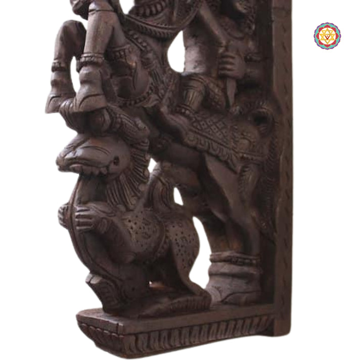 Angled view of horse yali corbel showing detailed horse head and decorative scrollwork