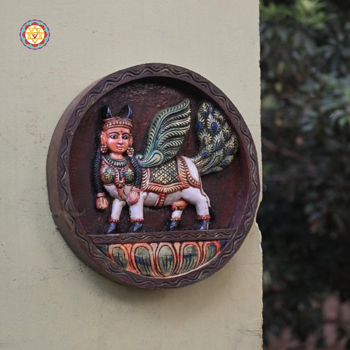 Multicolour wooden Kamdhenu cow wall art with intricate detailing