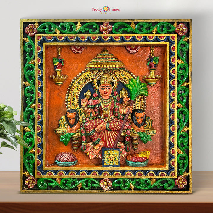Hand-carved wooden wall panel depicting Sri Lalitha Tripura Sundari Devi Rajrajeshwari — antique gold finish, devotional home decor