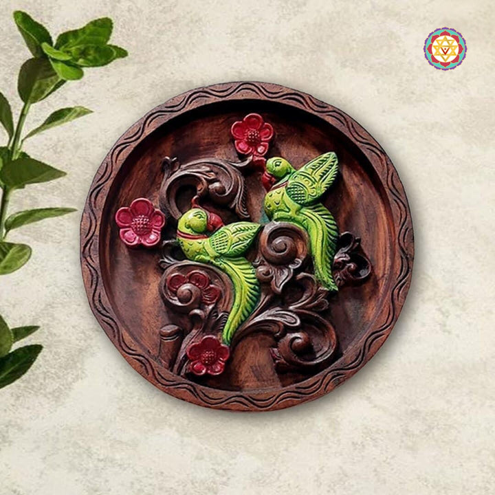 Multicolour wooden wall decor with carved parrots and blossoms