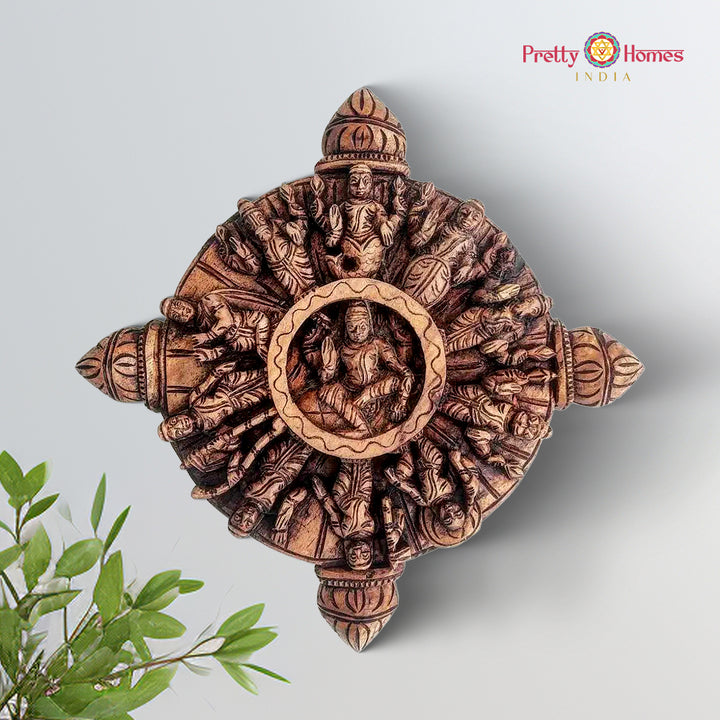 Wooden round wall plate depicting Lord Vishnu’s ten avatars