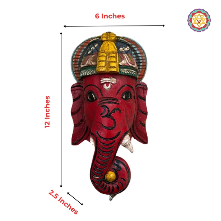 hand-painted wooden Ganesha wall mask with dimension markings product image.