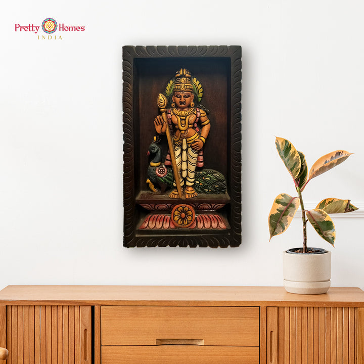 Hand-carved multicolour Lord Murugan wooden wall panel