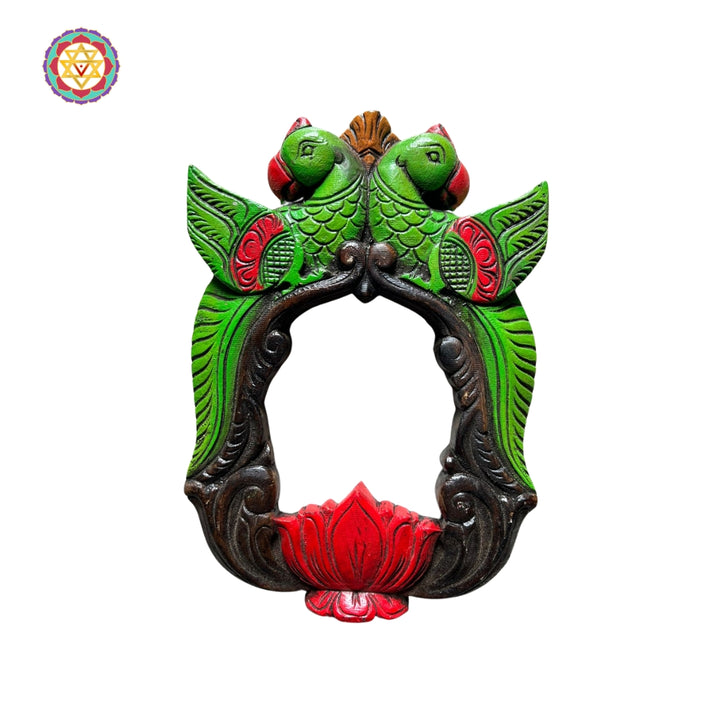 Handcarved mirror frame in multicolour with parrots