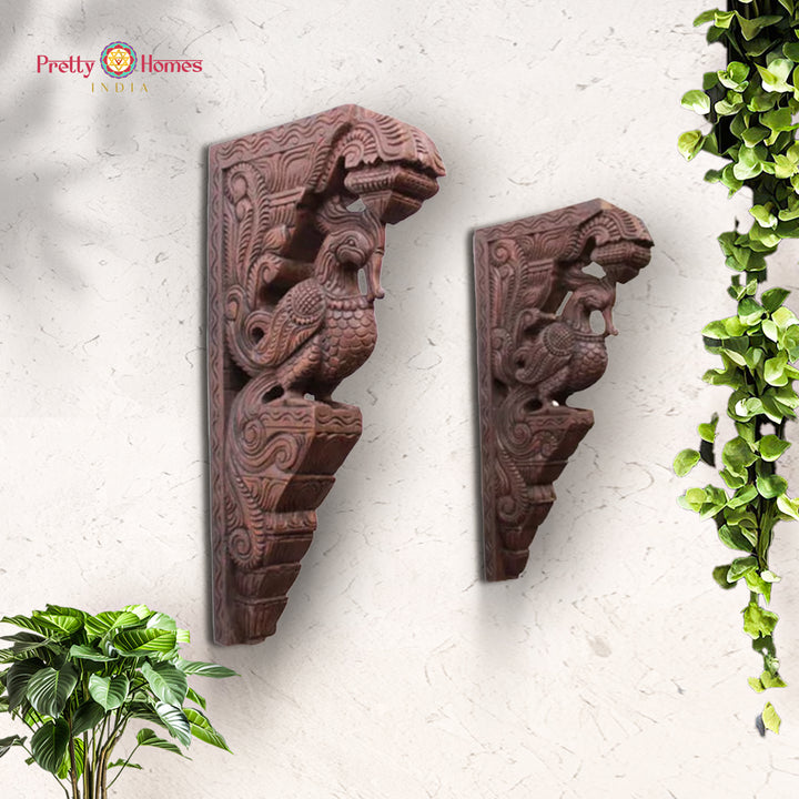 Hand-carved wooden parrot wall brackets pair — antique brown finish, handcrafted Indian wall decor for home interiors