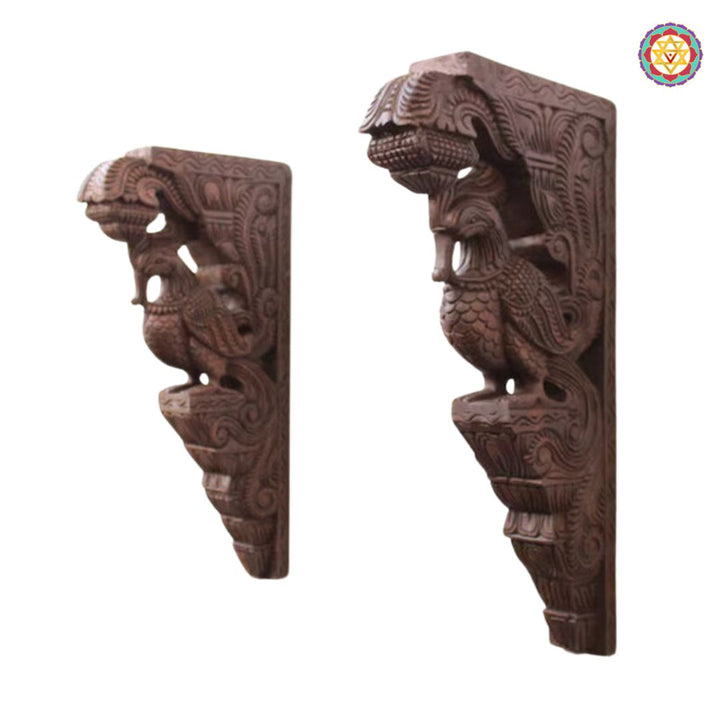 Front view of parrot wall brackets — teak wood carving with detailed feather motifs, antique polish traditional decor