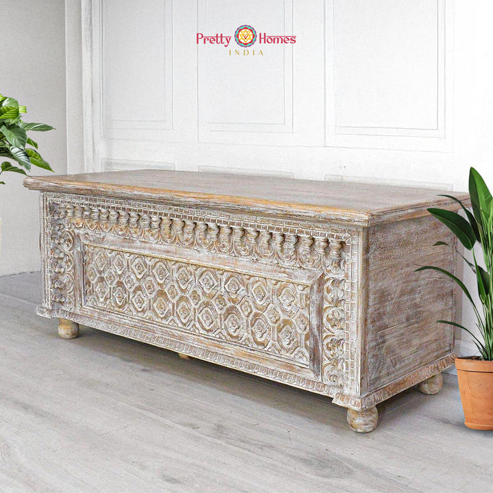 Hand-carved teak wood trunk storage box coffee table with spindle design — antique brown finish, handcrafted furniture piece