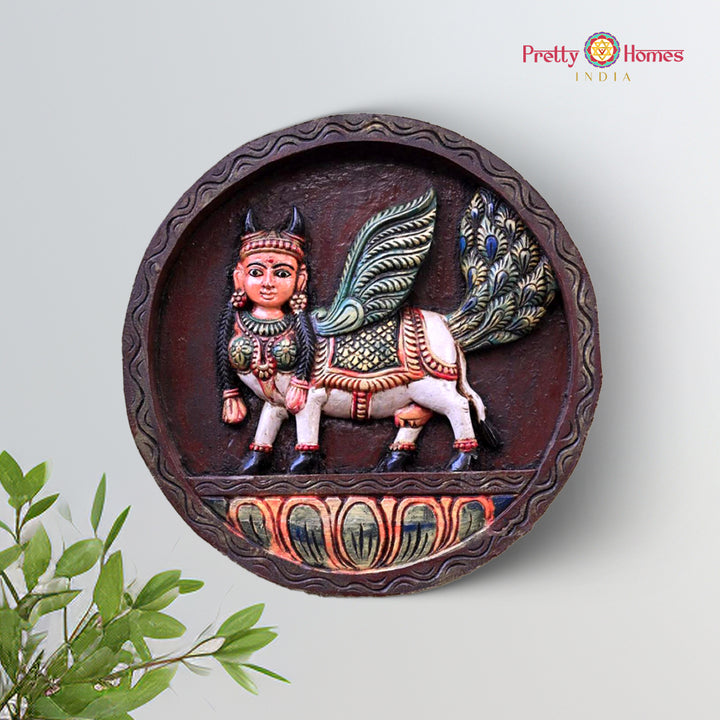 Handcarved Kamadhenu wooden wall hanging in round design