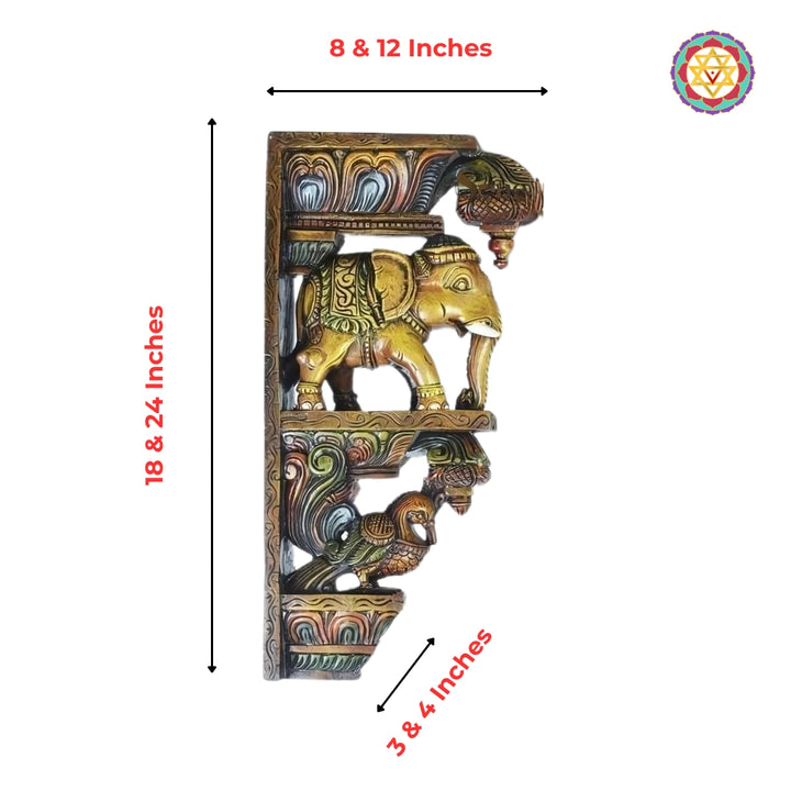 Decorative carved elephant wall corbel in multicolour finish with product dimensions overlay.