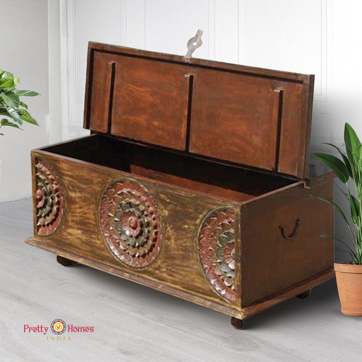 Hand-carved wooden ethnic storage trunk coffee table — antique brown finish, traditional Indian furniture for home decor