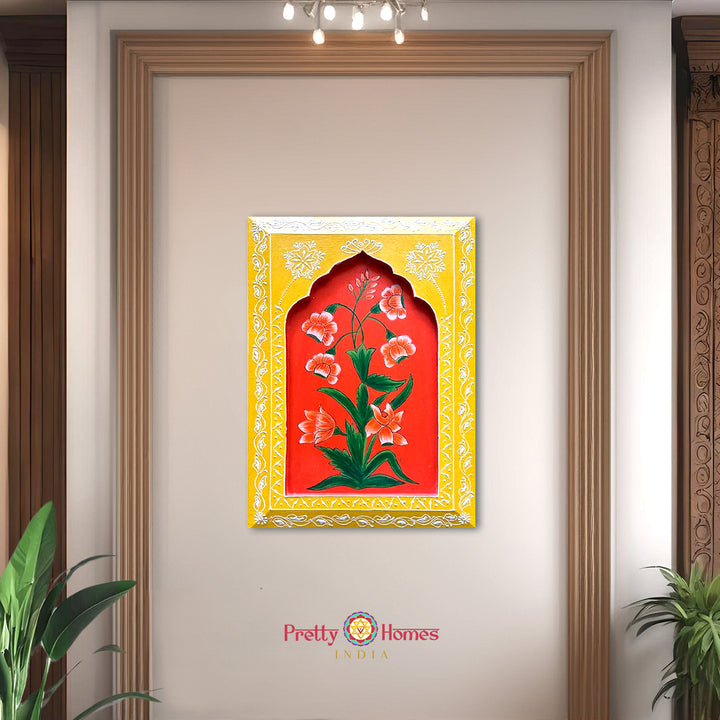 Ornate Pichwai artwork capturing the essence of Krishna’s devotion with peacock and lotus floral arrangements