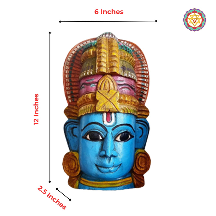 Hand painted blue wooden deity mask with ornate crown size 12 x 6 in for wall decor