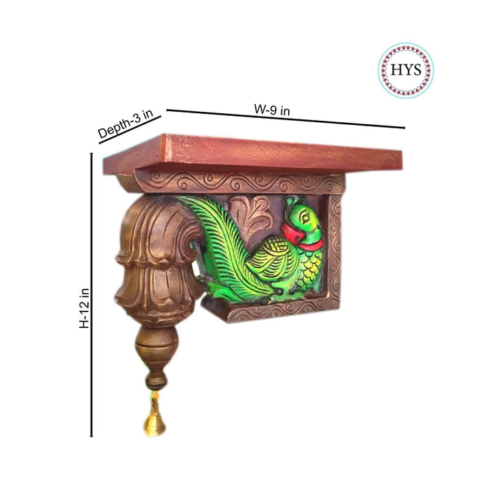 carved wooden wall corbel shelf with stylized parrot carving and decorative finial.