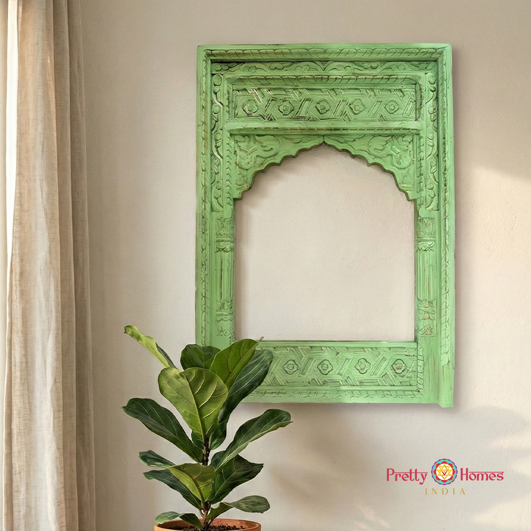 Detailed craftsmanship of palace-style wooden jharokha window frame