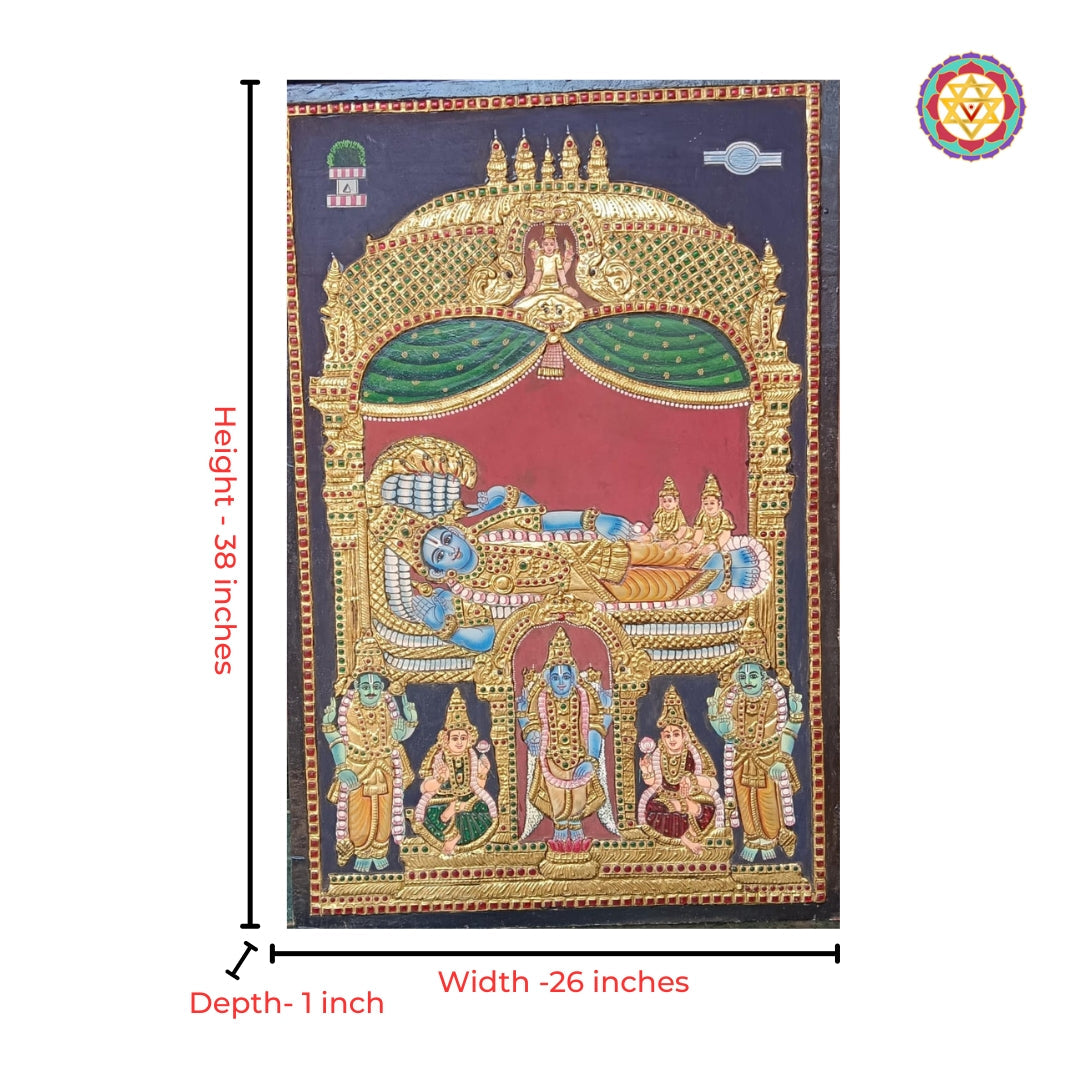 Intricate gold relief work on Vishnu Anantashayana Tanjore art