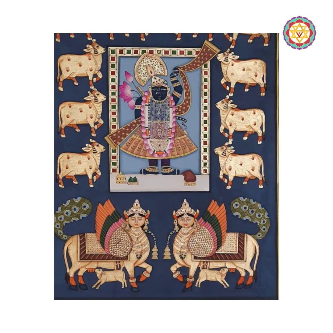 Pichwai Art Shrinathji with Sacred Cows and Kamdhenu
