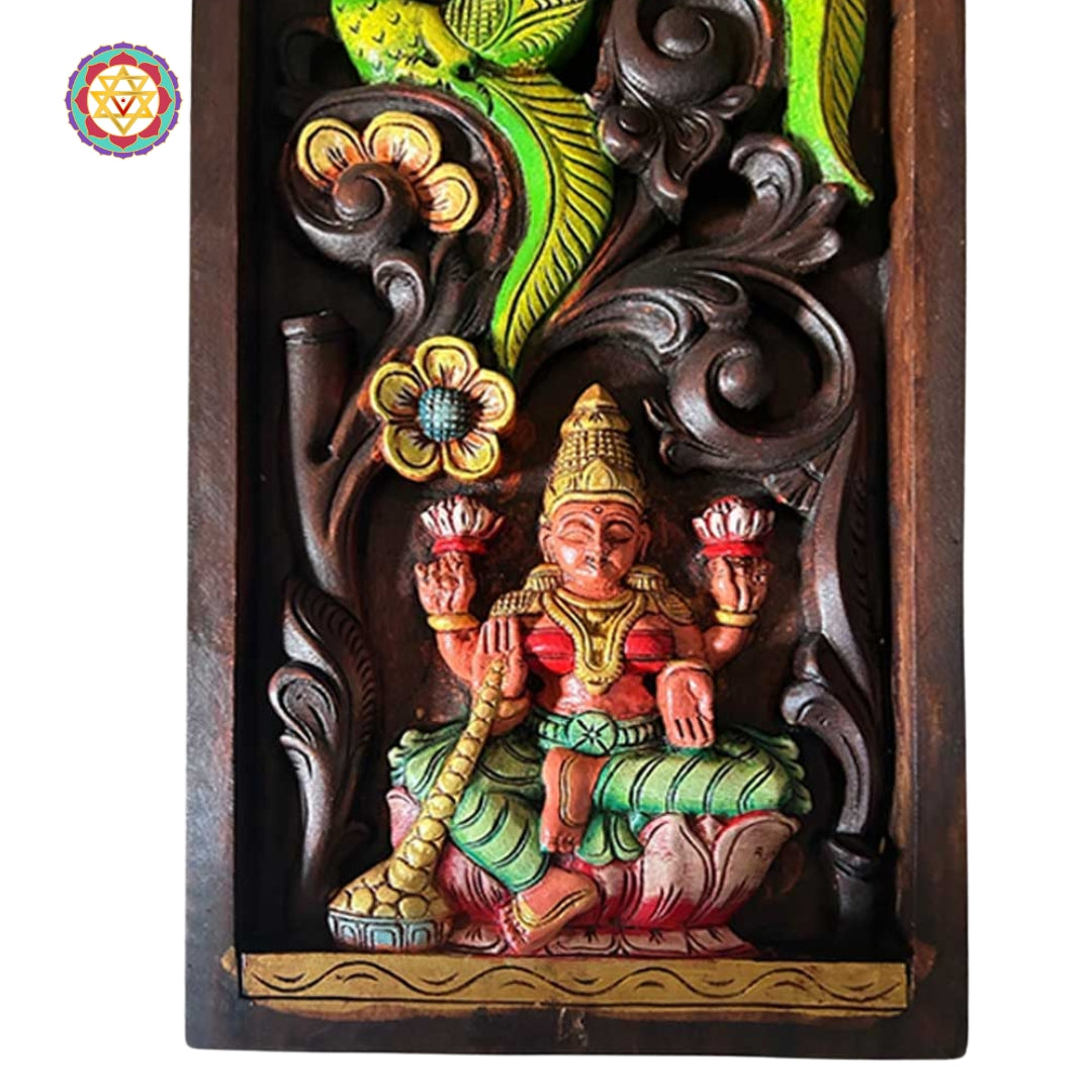 woodcarved lakshmi frame vertical panel with parrots and lotus carving