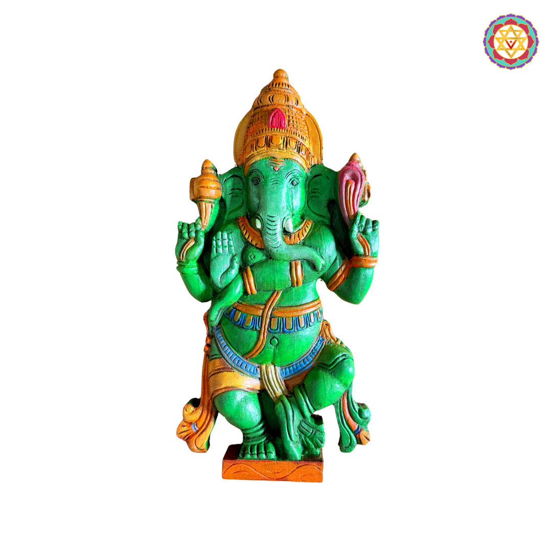 Side angle view of multicolour dancing Ganesha wooden idol