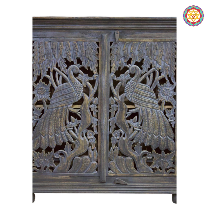 Wood Carved Peacock Design Storage Cabinet / Side Table