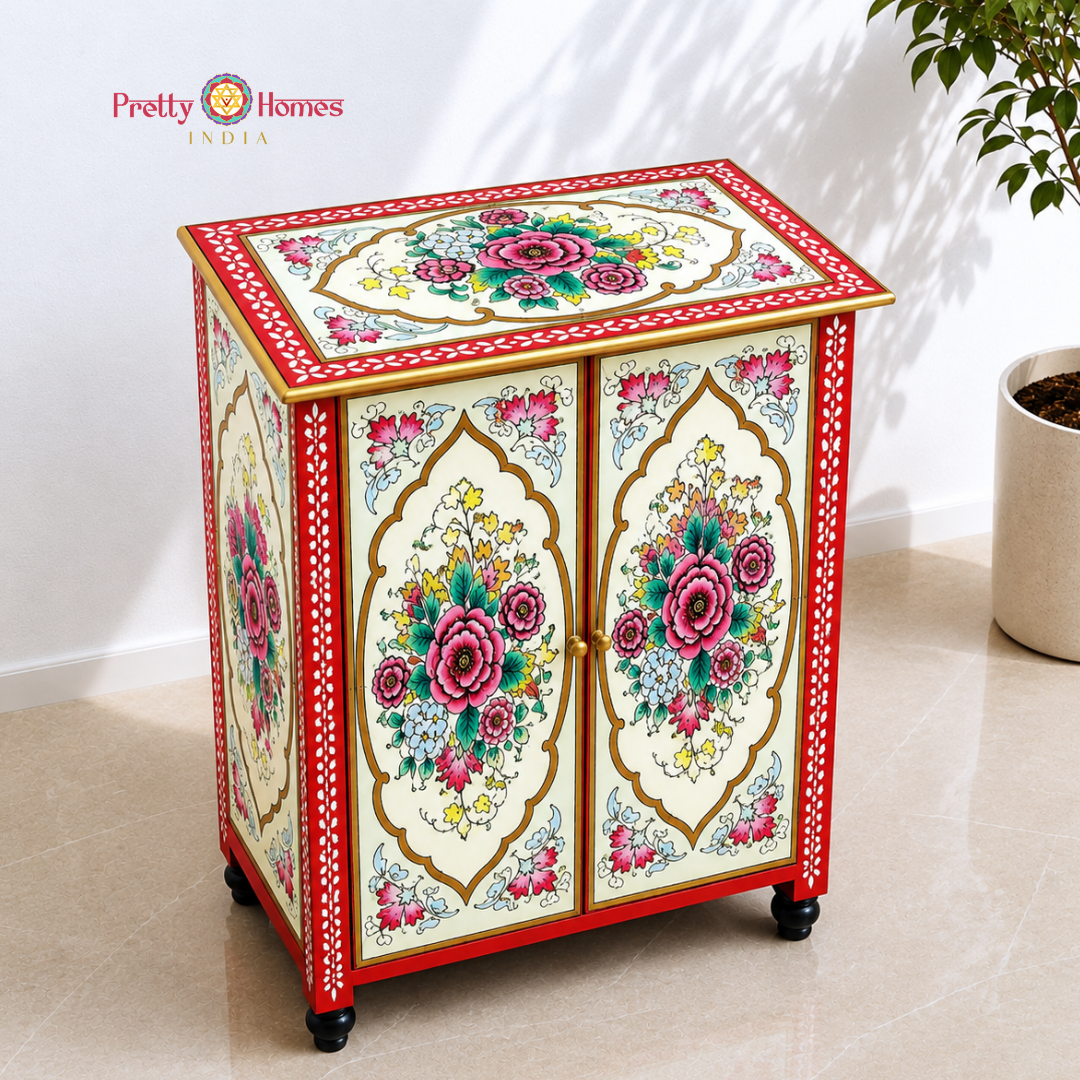 Handpainted Wooden Storage Cabinet / Sideboard with Floral Arches