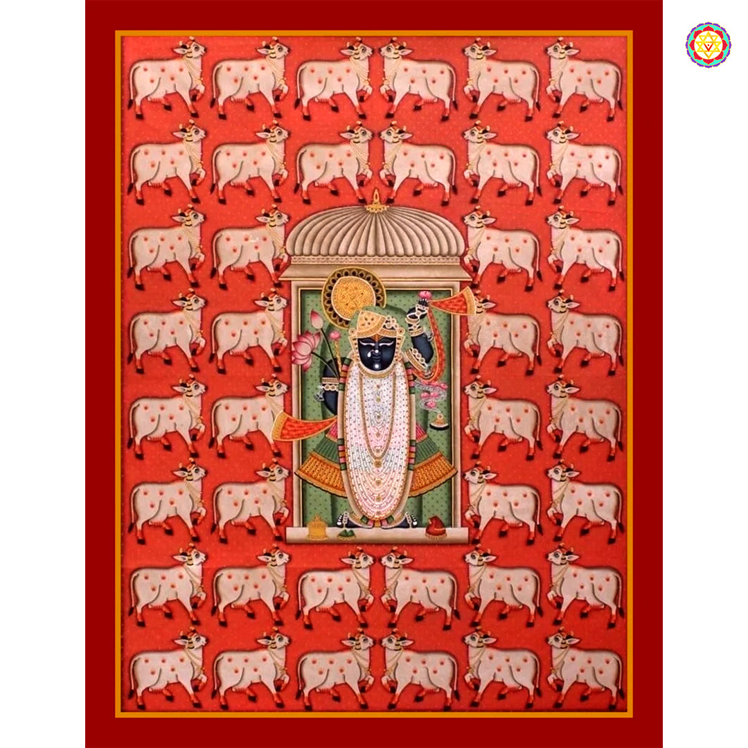 Pichwai painting of Krishna and Radha in floral frame handcrafted with gold accents