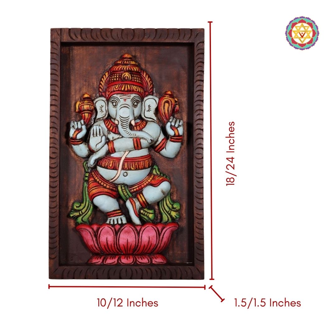 wood carved dancing ganesha frame mount full panel view in interior setting