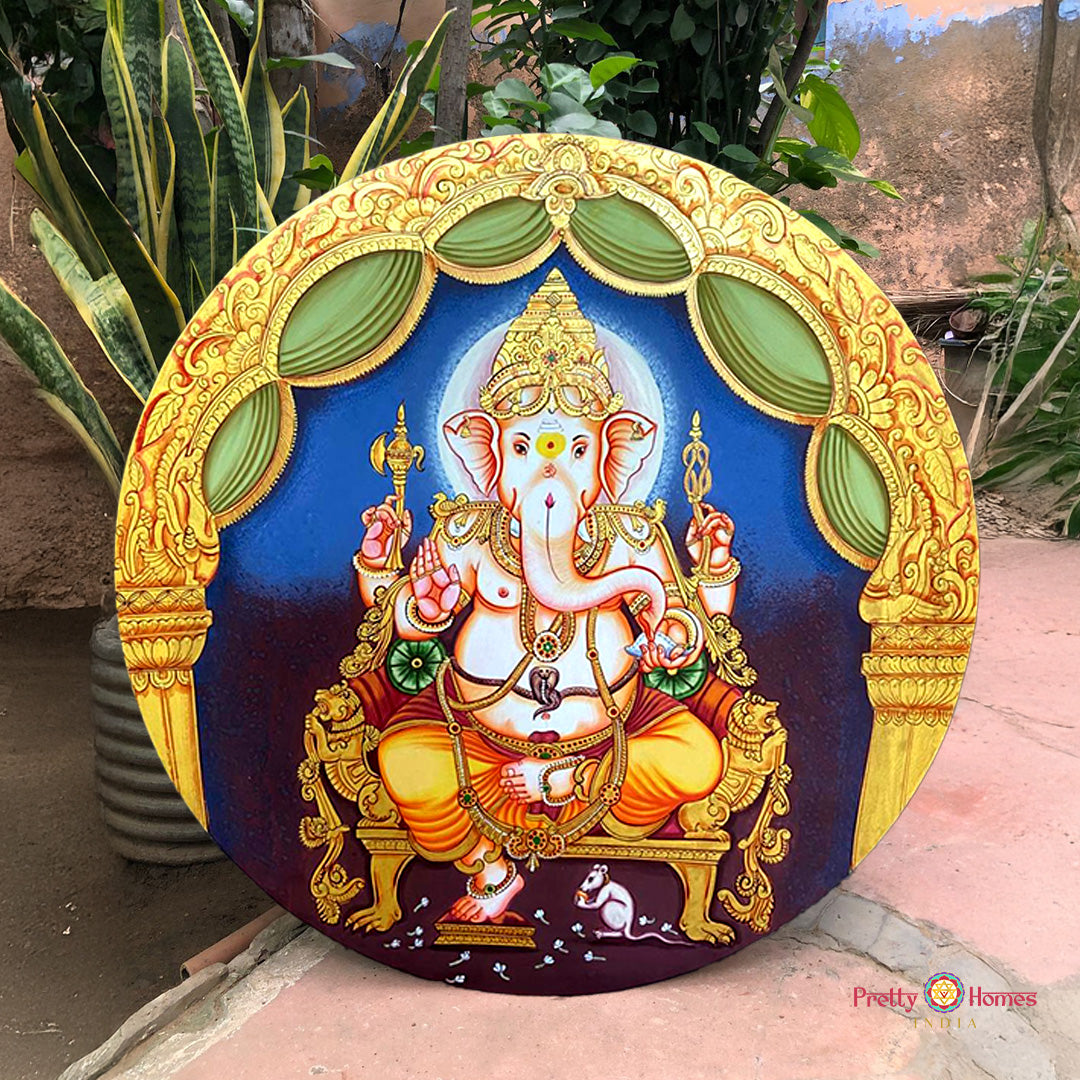 Tanjore style Ganesha handpainted wall plate with rich detailing