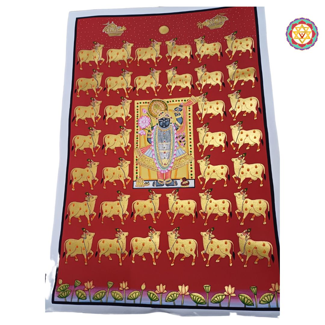 hand-painted pichwai painting -Shrinathji with Golden Cows