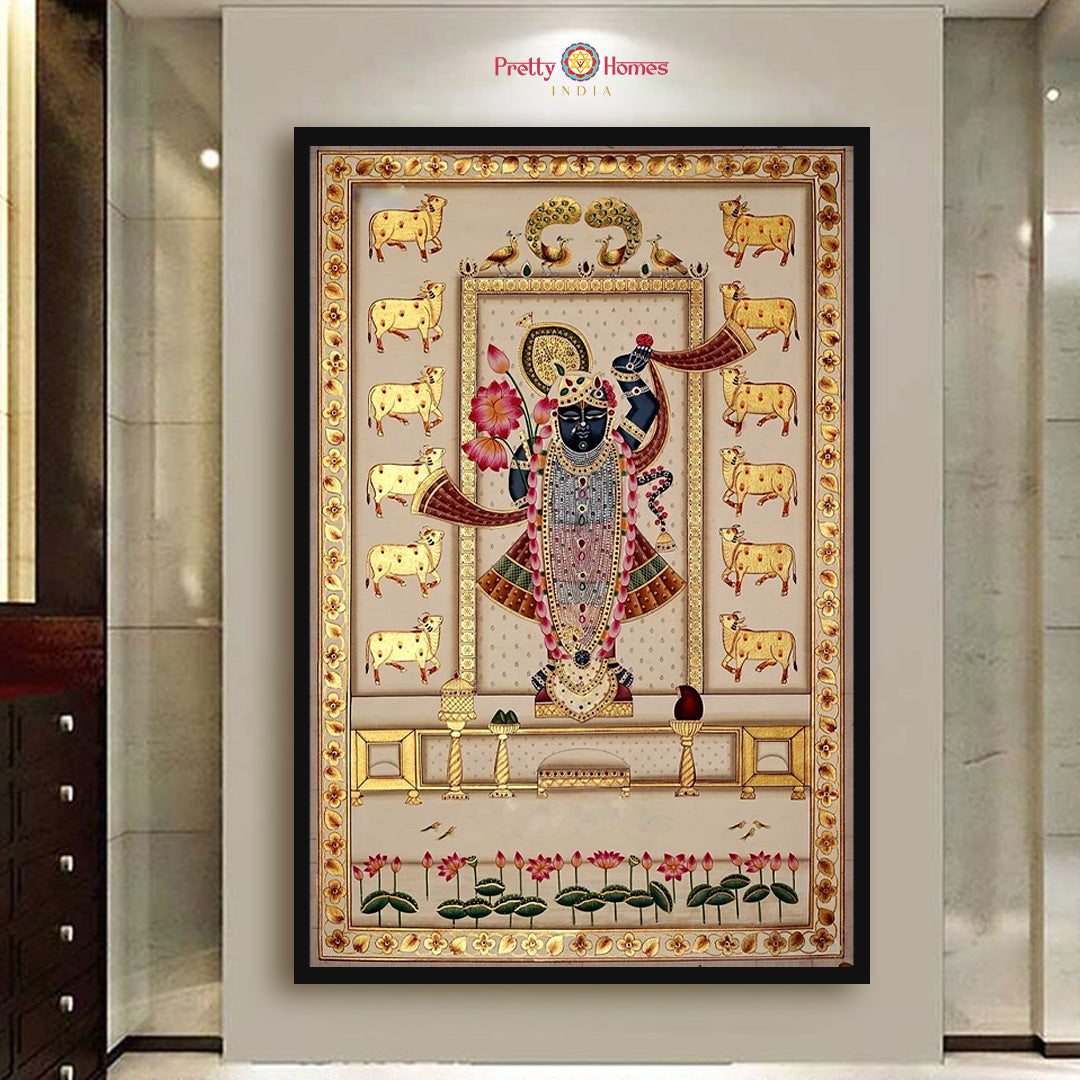 Shrinathji Darshan with Cows & Lotuses — Real Gold Foil Pichwai for Sacred & Heritage Interiors