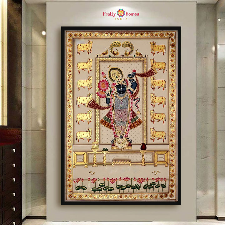 Shrinathji Darshan with Cows & Lotuses — Real Gold Foil Pichwai for Sacred & Heritage Interiors