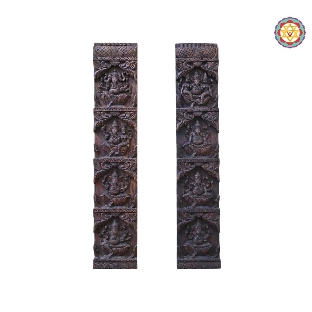Two wooden panels with intricate carvings on a white background. Close-up of detailed Astaganesh carving in polished wood

