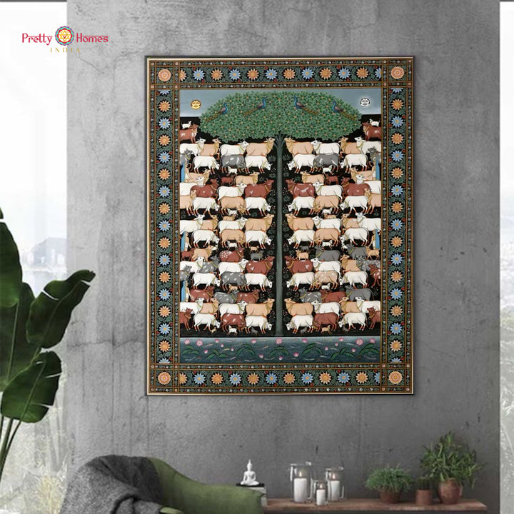 Vintage style Hand painted pichwai - cows under the tree, pichwai painting in joyful palette, hand-painted for living room décor