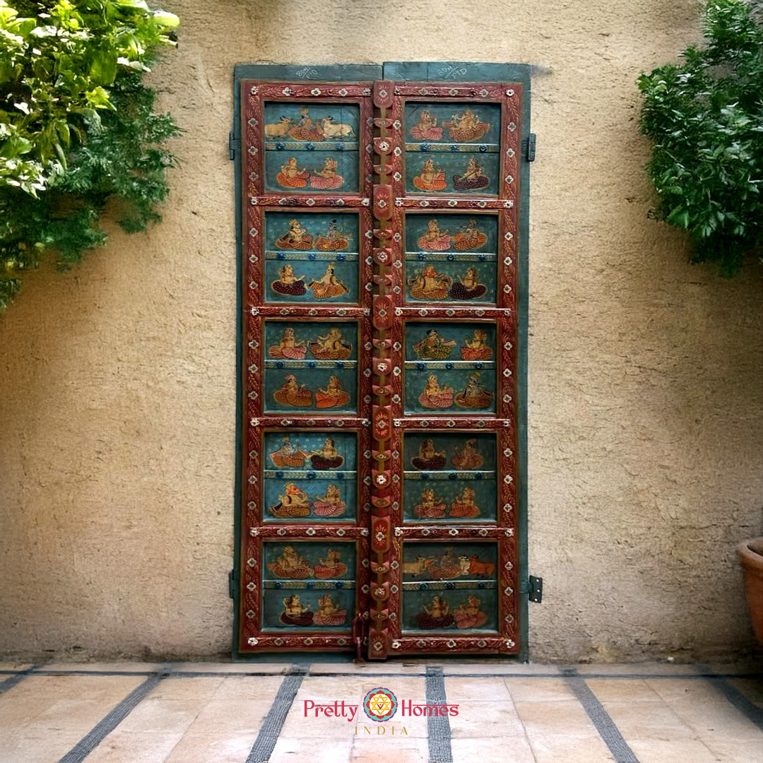 Handpainted Pichwai decorative wooden door frame full view