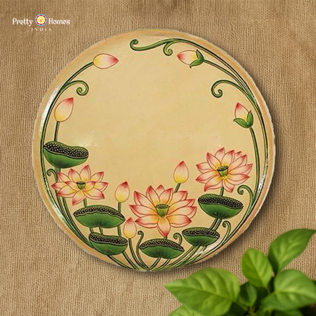 pichwai lotuses and leaves artwork wooden plate