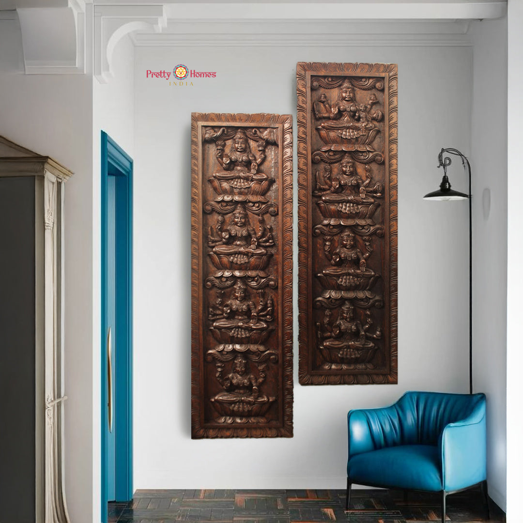vertical ashtalakshmi wooden panel full view divine ensemble