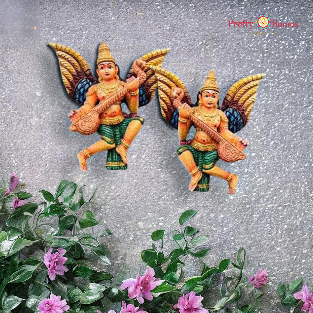 Musical Gandharva wall sculpture — handcarved Indian angel decor.