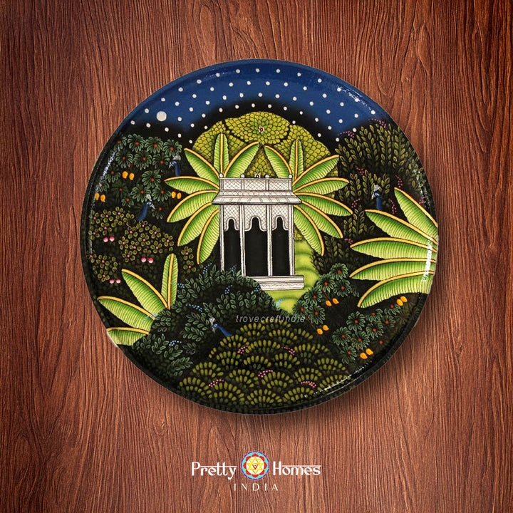 Hand painted wall plate with forest and pavilion, pichwai design