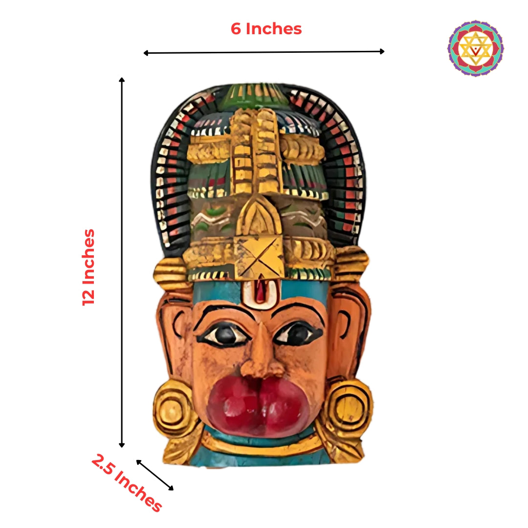 painted wooden deity face with bold red lips and size markings product image.