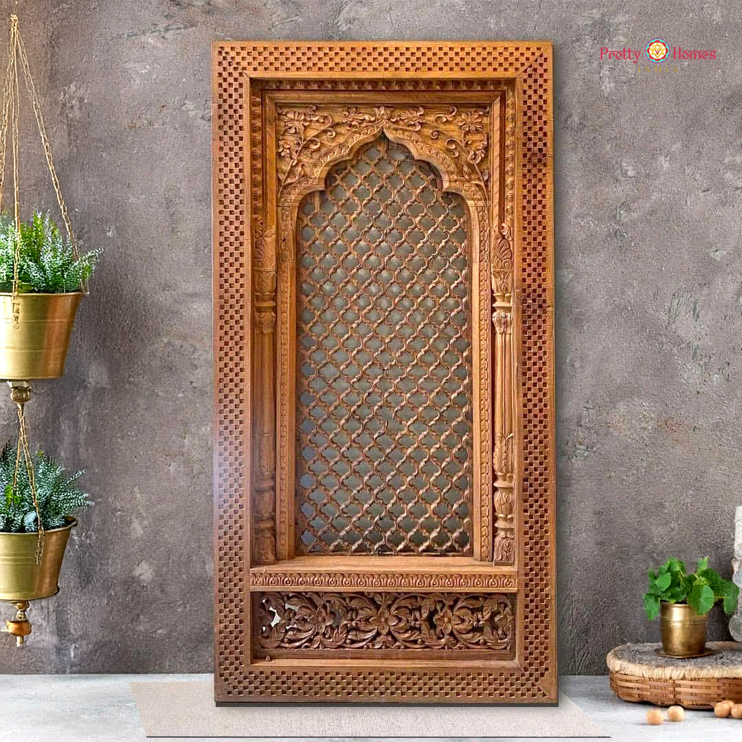Vertical wooden wall panel with floral jaali carving