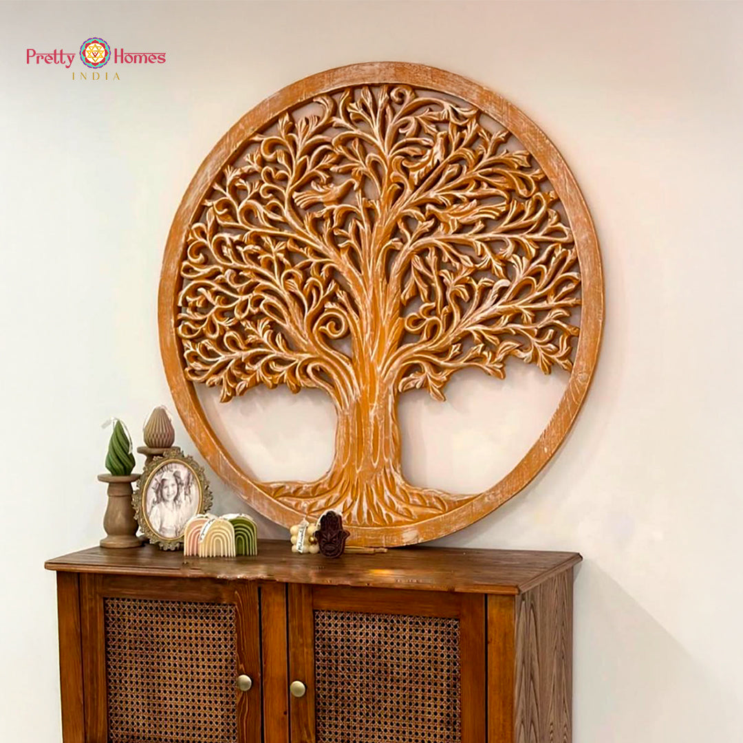 hand carved tree of life wall hanging in mango wood with intricate detailing