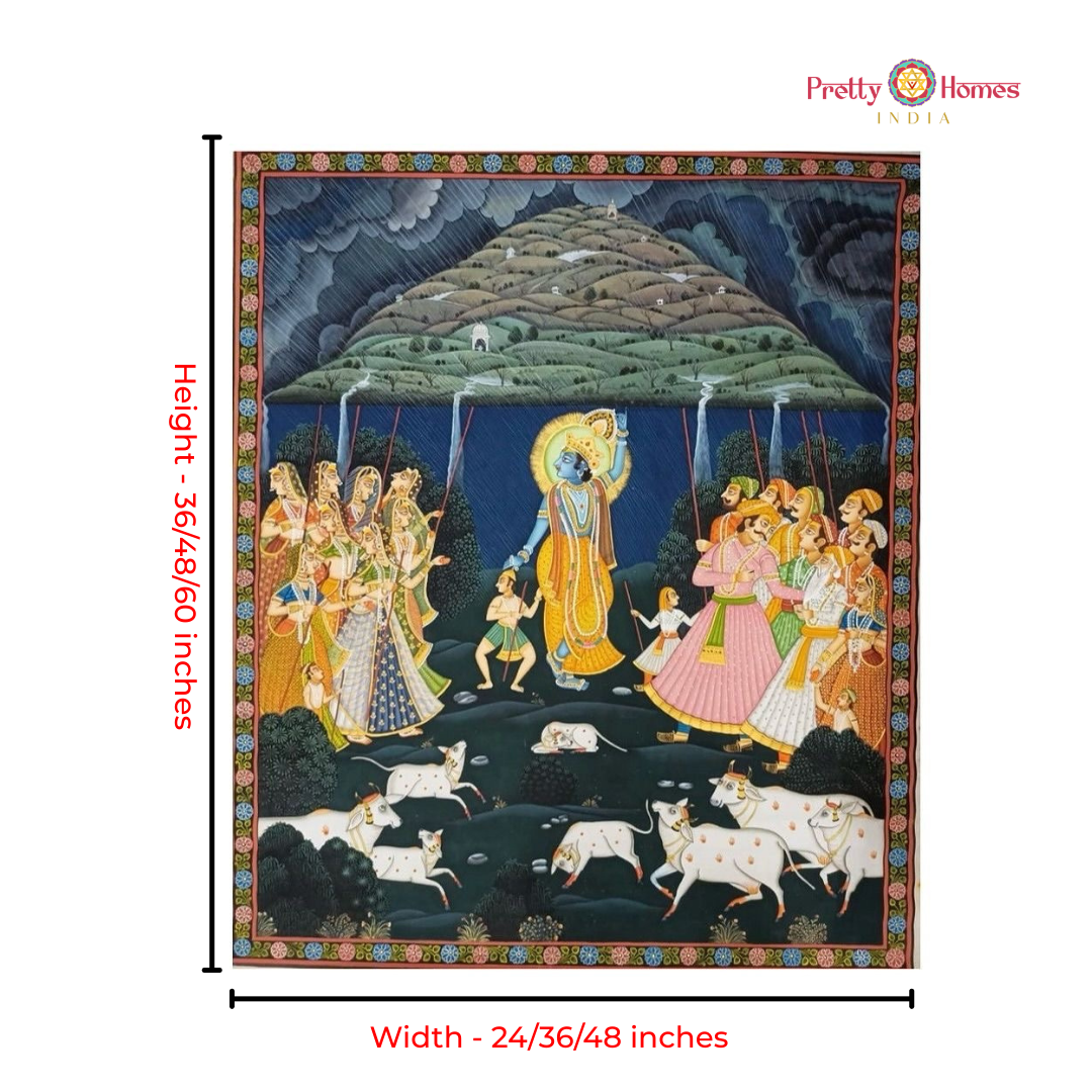 Handpainted Pichwai – Krishna Govardhan Leela